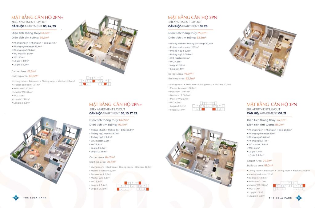 Thiết kế căn hộ 2PN và 3PN của tòa G5 và G6 The Sola Park